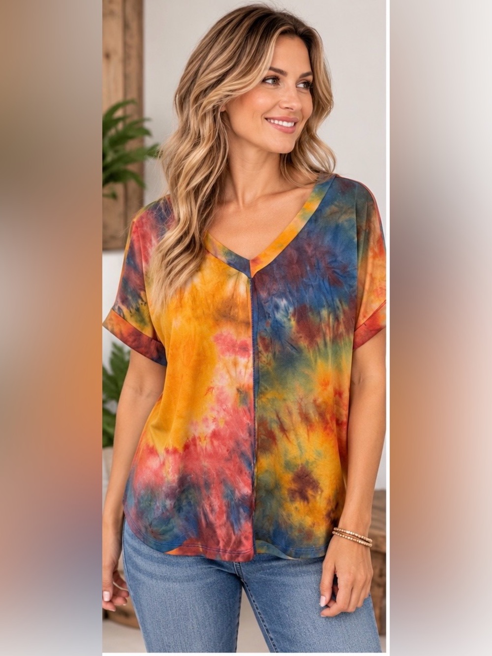 white birch Multicolor Tie-Dye V-Neck Short Sleeve Top NWOT